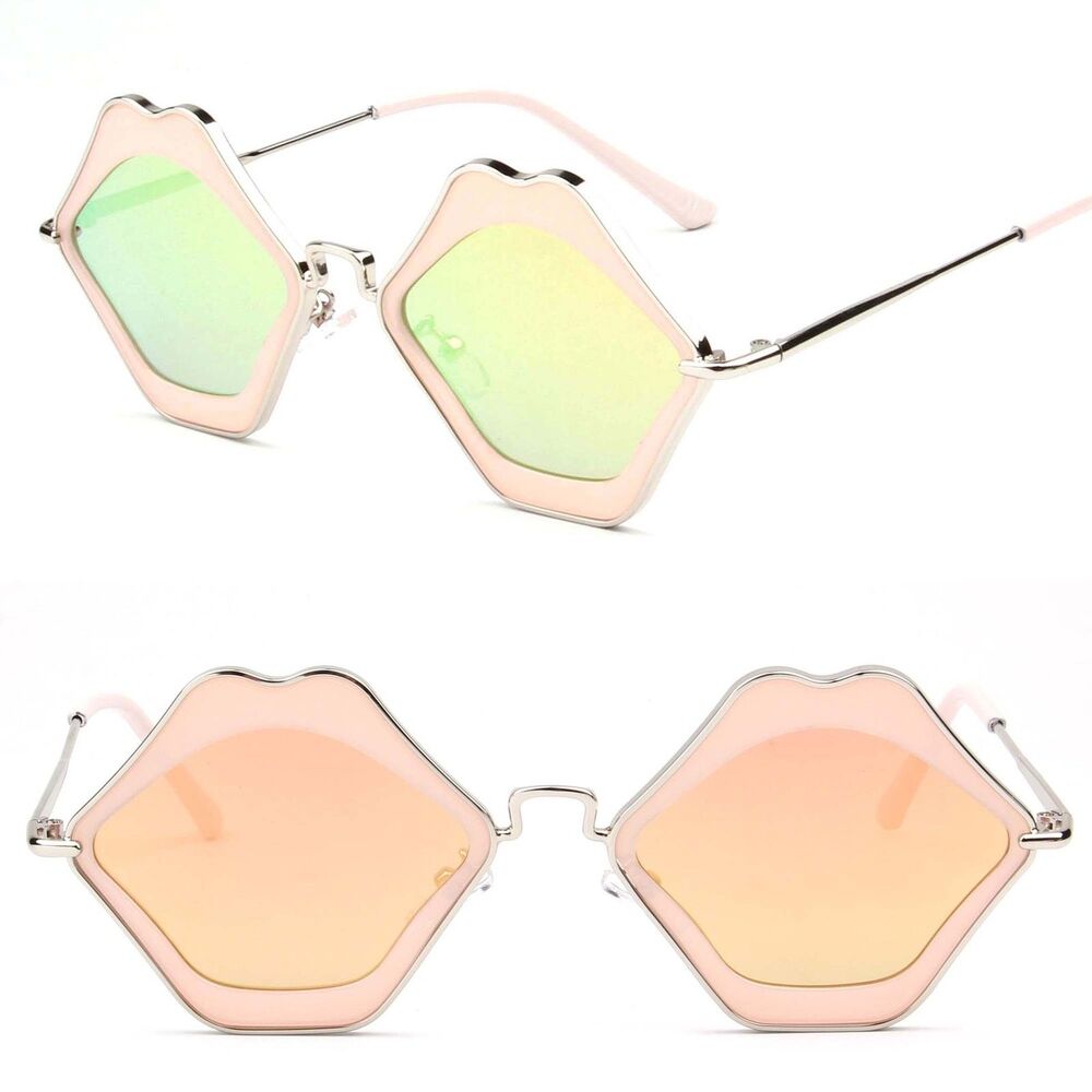 Metal Women Fashion Kissing Lip Shape Hippie Party Pink Mirrored Lens Sunglasses